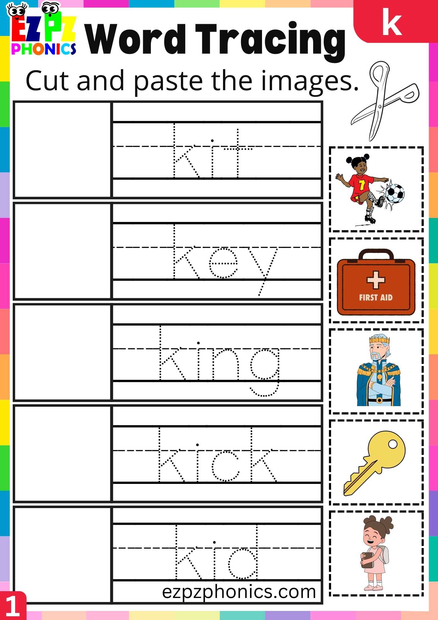 Letter K Word Tracing Beginning Sounds Worksheet